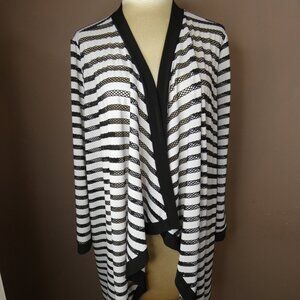 IC by Connie K Women's 2X Black & White Striped Open Cardigan Mesh Detail